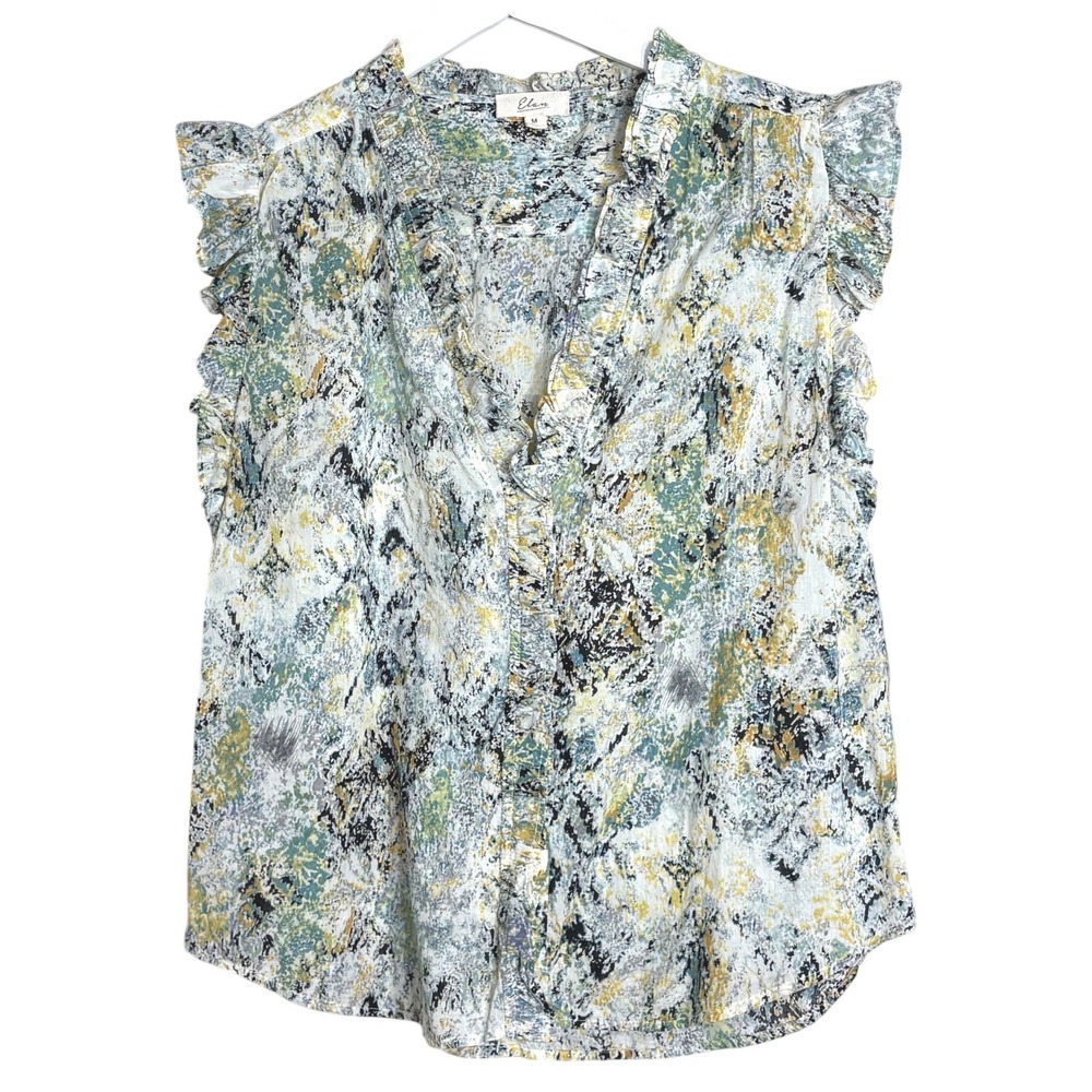 Elan Womens Abstract Print Ruffle Sleeveless Button Down Top Green Yellow Medium